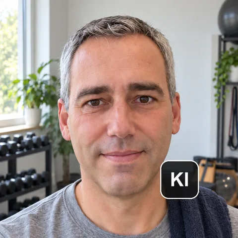 Maiks KI-Zwilling im Home-Gym, mit KI-Kennzeichnung